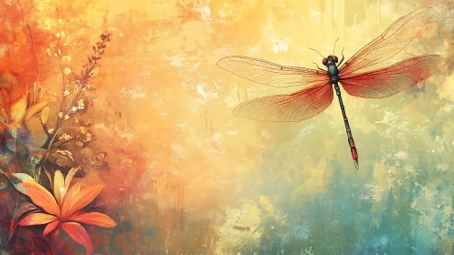 Dragonfly and lilies glide across a luminous abstract sky