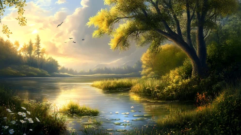 Sunlit forest river bend with overhanging tree and reeds.