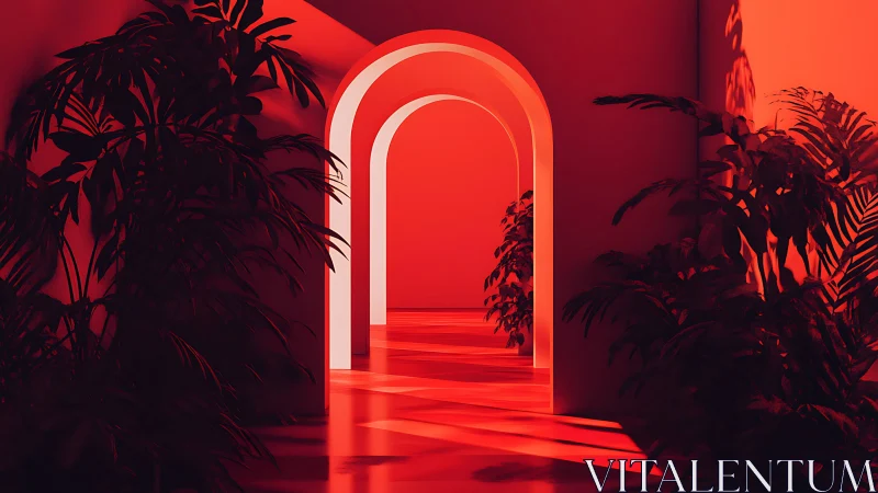 Chromatic archway corridor with silhouetted tropical foliage.