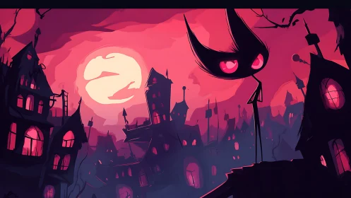 Lonely shadow creature surveys a crimson haunted moonlit town