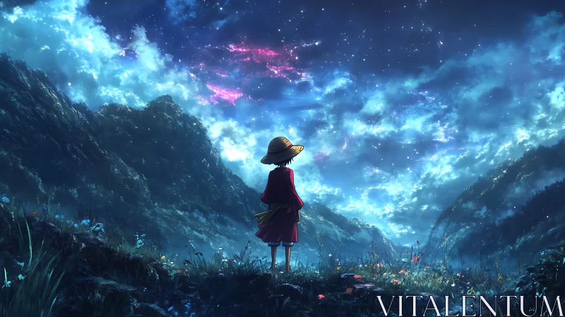 Solitary figure in red coat under vast starry night sky.