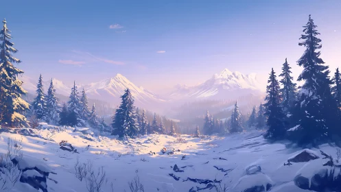 Sunlit conifer forest opening onto distant snowy peaks.