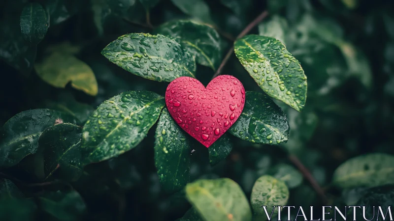 Red heart-shaped object rests among green leaves with water droplets.