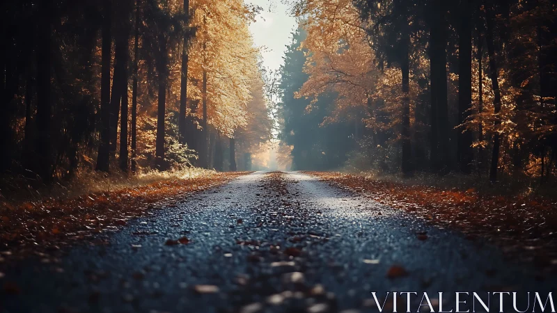 Autumn Forest Road. Golden Light Filters Through Canopy.