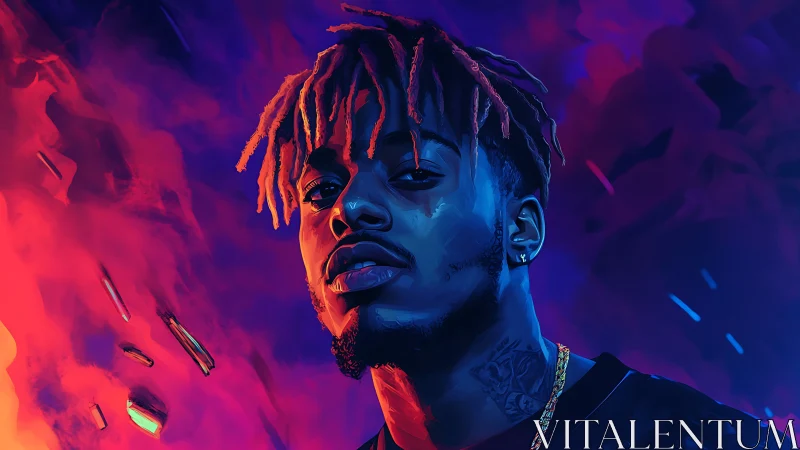 Neon-lit hip-hop portrait under vivid magenta-blue haze.