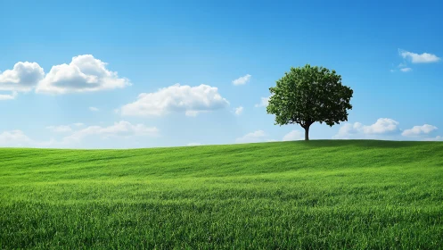 Lonely green tree crowns a rolling meadow under blue sky.