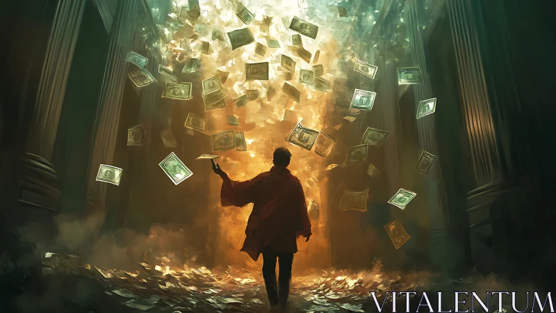 Storm of money in burning hall with lone figure ascending.