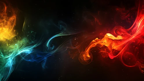 Multicolored flowing light forms on dark abstract background.