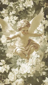 Softly glowing cherub drifts above a dreamy floral heaven