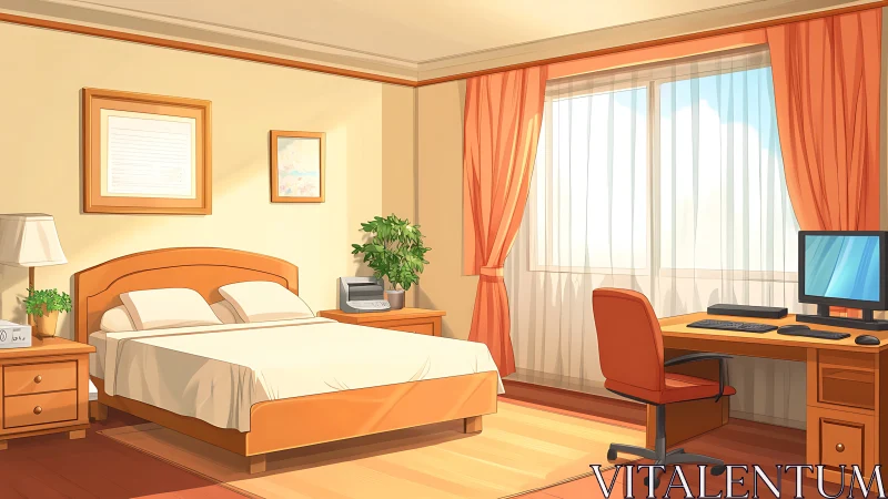 Digital painting of sunlit minimalist bedroom workspace.