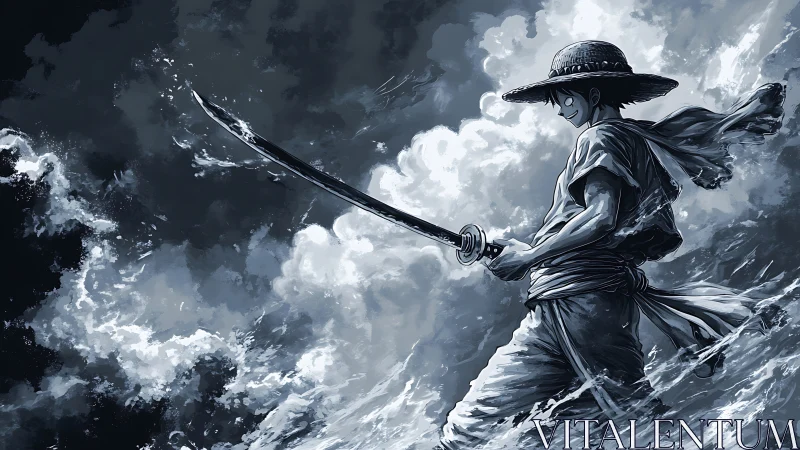 Storm-walking straw-hatted swordsman cleaving the sea night.