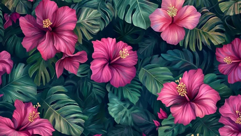 Vibrant pink hibiscus flowers with tropical monstera foliage arrangement
