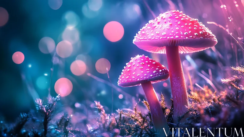 Bioluminescent fly agaric mushrooms glow in neon forest bokeh