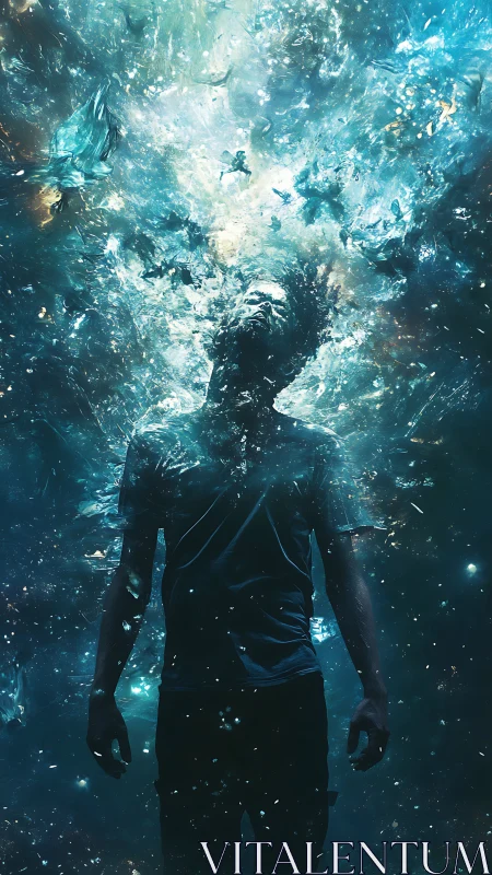 Digital painting of submerged figure in luminous cosmic vortex.