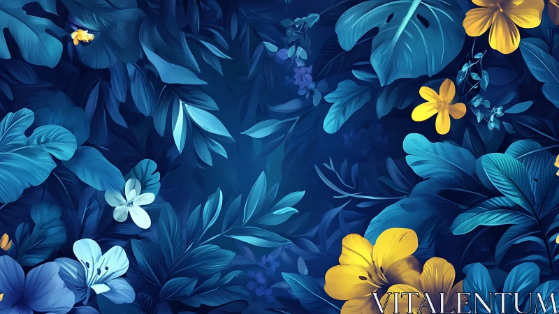 Blue Floral Garden with Golden Blooms in Digital Art