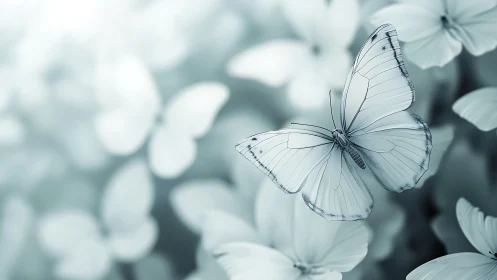 Pale butterfly in soft focus garden of blurred blooms.