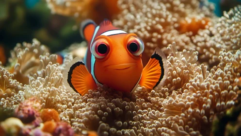 Bright clownfish peeks out playfully from soft coral home