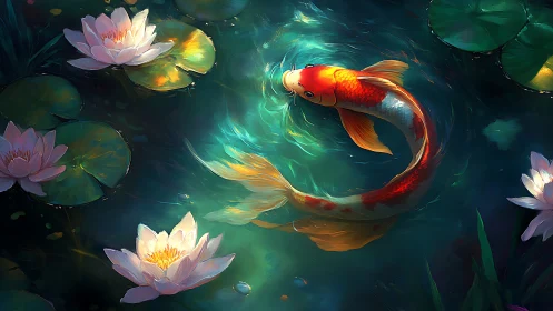 Vibrant orange koi swimming among glowing lily pads.