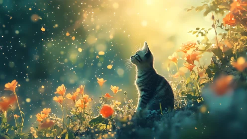 Cat Gazes at Golden Flowers in Dreamlike Garden.