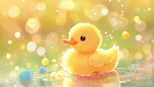 Yellow duckling floats in bright stylized bokeh water scene