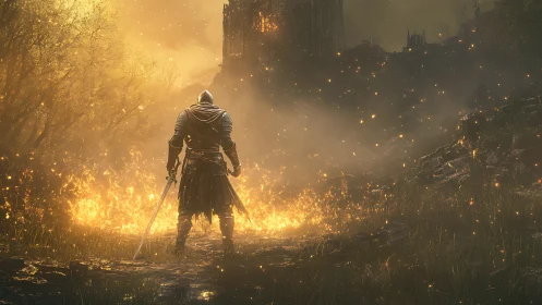 Armored warrior confronts burning ruin in atmospheric backlight