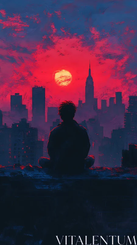 Solitary figure watching red sunset over dark city skyline.