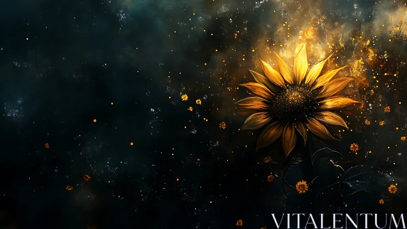 Golden sunflower against dark abstract cosmic background.
