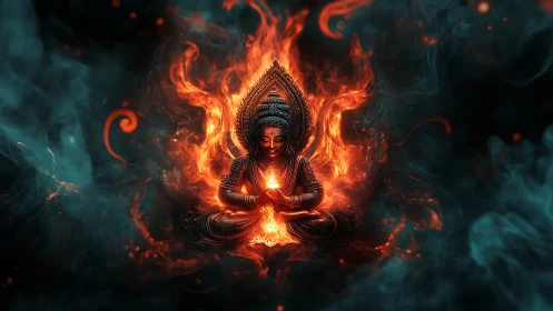 Fiery seated deity sculpture radiates intense inner flame