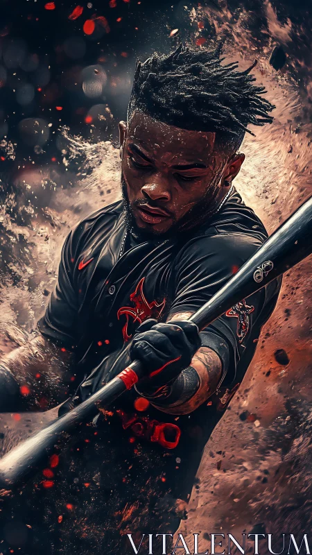 Explosive digital portrait of power hitter in dark uniform.