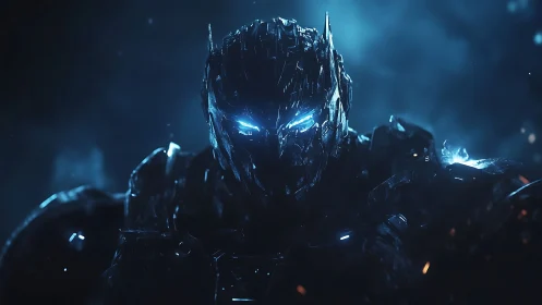 Cybernetic warlord emerges from the shadows in icy neon light.