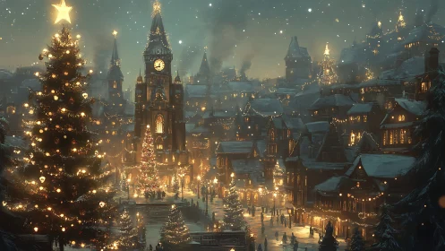Snow-covered town square glows with dense festive illumination at dusk