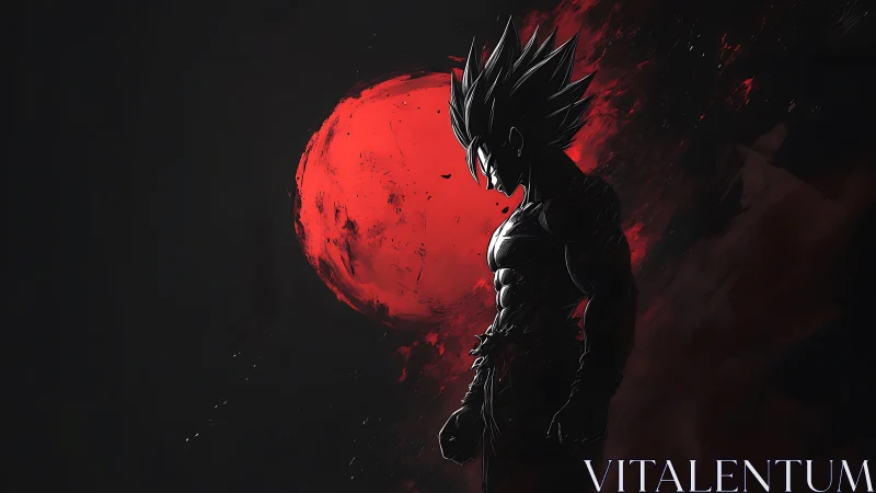 Brooding warrior silhouette before a feral crimson moon.