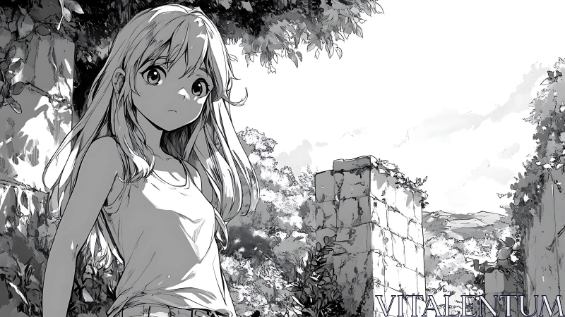 Quiet summer wanderer among gentle overgrown ruins.