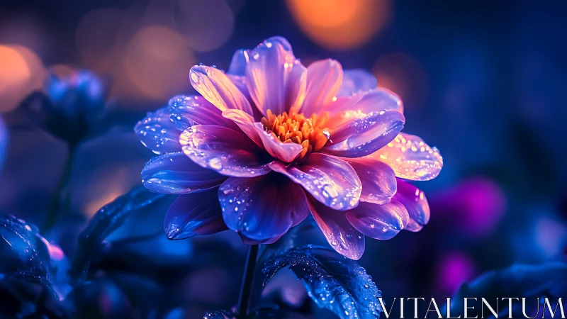 Macro dahlia close-up reveals dew-coated petals under neon bokeh