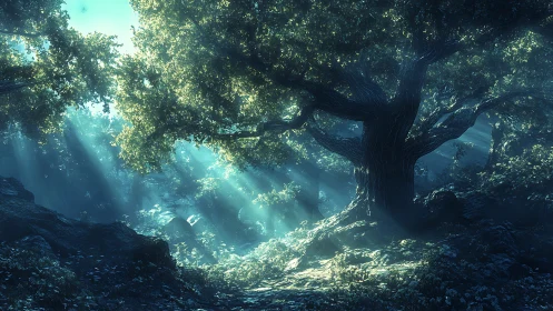 Ancient forest tree catches angled sunrays through mist