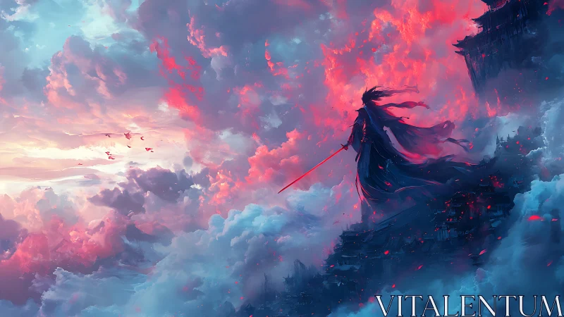 Sword-bearing warrior surveys burning clouds above cliffs