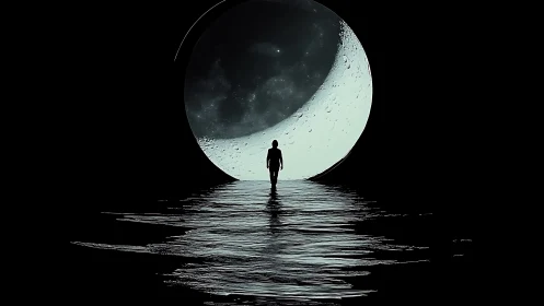 Solitary figure crossing lunar gateway over dark waters.