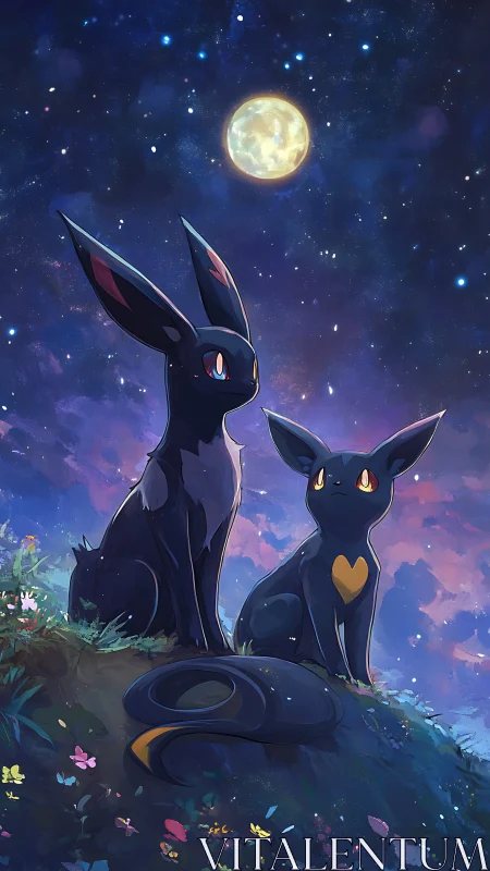 Celestial-lit twin creatures gaze upward under a saturated night sky