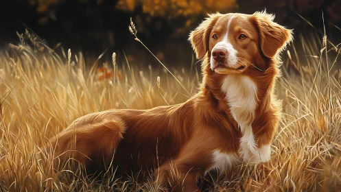 Golden field daydream with a gentle red-coated dog.