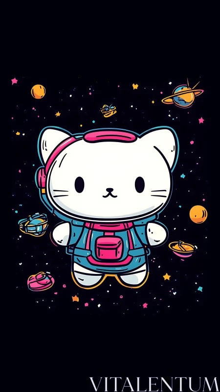 Cosmic kitty astronaut drifts through neon candy galaxies.