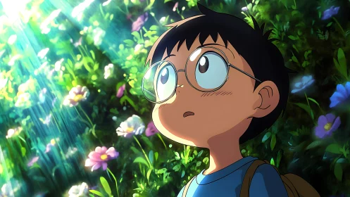 Young boy with glasses looks up at bright forest sunlight