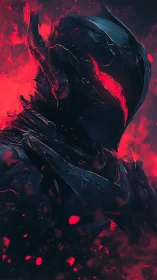 Ember-wreathed void knight rising from scarlet storm.
