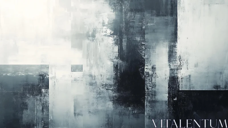 Monochrome Abstract Painting with Geometric Shapes and Textured Layers.