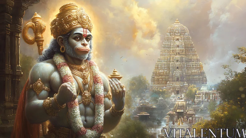Divine monkey warrior stands before towering temple complex