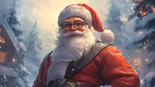 Photorealistic Santa Claus portrait in snowy forest scene.