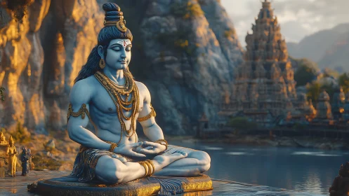 Divine blue deity sculpture in meditative riverside temple landscape.