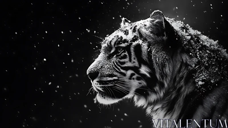 Snowcrowned tiger gazes through midnight stormlight silence.