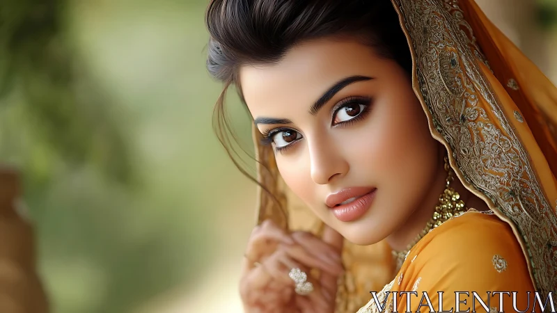 Elegant woman in golden traditional attire, soft natural portrait.