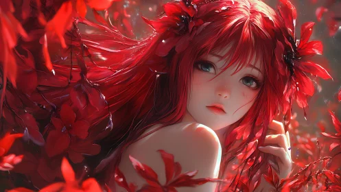 Red-haired anime girl framed by luminous floral cascade
