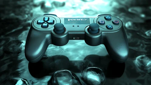 Midnight game controller drifting over glowing liquid calm.